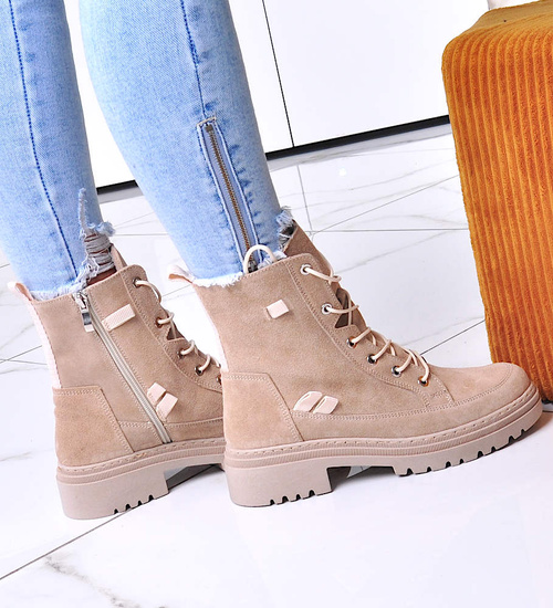 Damskie beżowe trapery z naturalnej skóry /B5-3 12554 R2460/