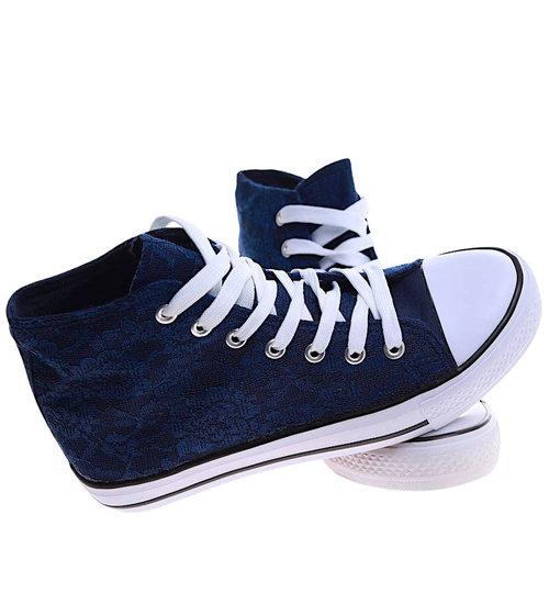 Klasyczne granatowo białe trampki damskie koronkowe z wysoką cholewką /C7-2 16739 G9-84/