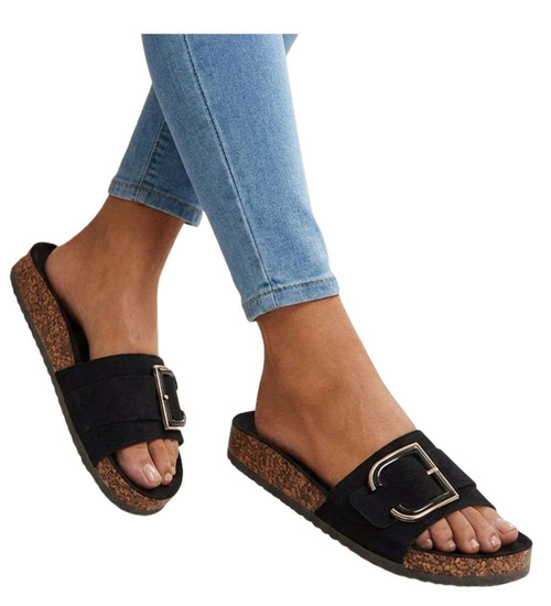 Czarne klapki damskie na płaskim obcasie /A6-2 16351 G232/