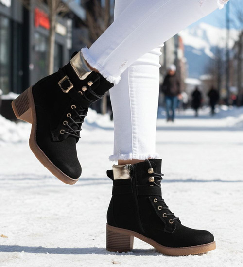 Czarne wiązane botki damskie zimowe /J5-2 18548 W2/