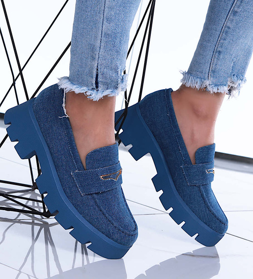 Jeansowe granatowe loafersy damskie na platformie /A6-3 15435 T385/
