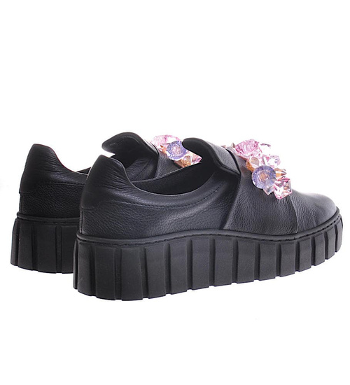 Czarne skórzane damskie trampki creepersy /B5-1 11692 N0200/