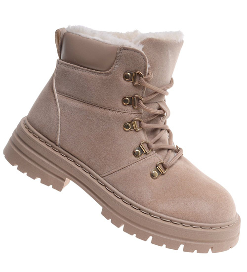 Zimowe botki trapery z futerkiem Beżowe /C4-1 18424 T347/