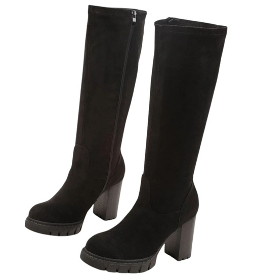 Czarne kozaki damskie na obcasie i platformie /A3-2 18433 T6/