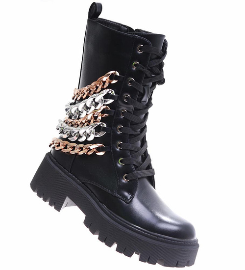 Sznurowane czarne glany trapery na platformie /E9-1 17022 T217/