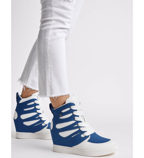 Sznurowane biało niebieskie trampki sneakersy koturnie /C4-3 18048 T284/