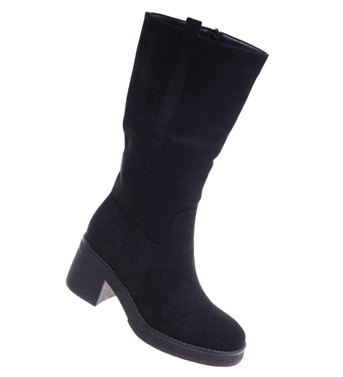 Czarne ocieplane kozaki damskie na obcasie i platformie /B5-1 18434 T6/