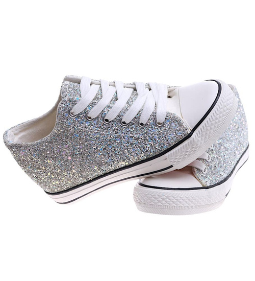 Srebrne trampki sneakersy na niskim koturnie /J4-2 16611 T094/