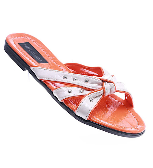 Pomarańczowo białe klapki na płaskim obcasie /H2 14339 T005/