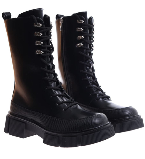 Wiązane czarne glany trapery na platformie /D8-3 17184 T312/