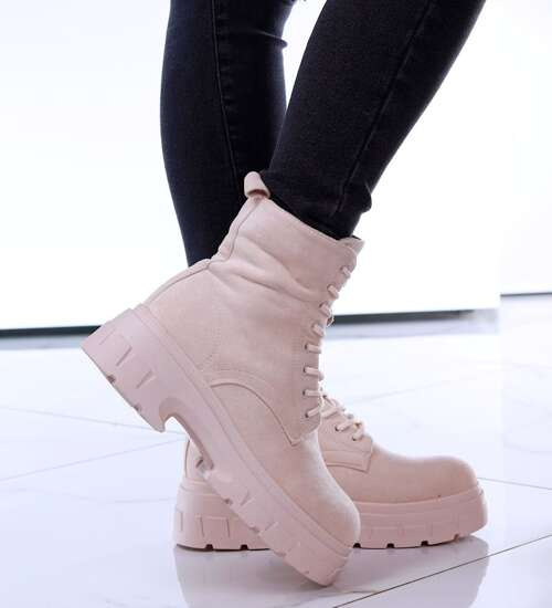 Wysokie botki workery z kożuszkiem Beżowe /B6-1 15171 T498/ Wysokie botki workery z kożuszkiem Beżowe /B6-1 15171 T498/