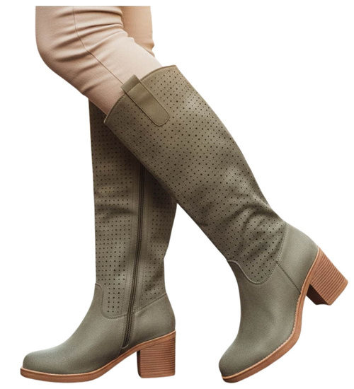 Zielone kozaki damskie na obcasie /L2-3 18599 T381/