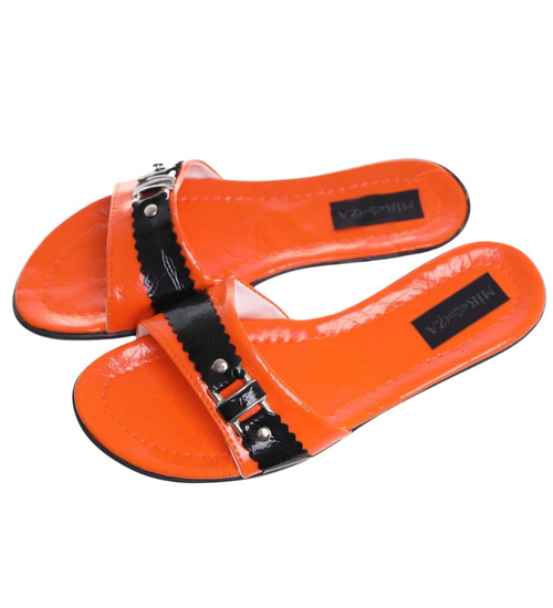 Pomarańczowo czarne klapki na płaskim obcasie /H2 14342 T005/