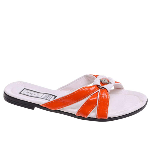 Pomarańczowo białe klapki na płaskim obcasie /H2 14345 T005/