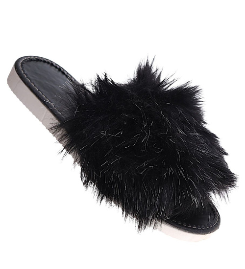 Klapki z futerkiem na grubym spodzie Czarne /E1-1 6925 S197/