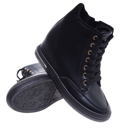 Czarne klasyczne sneakersy damskie na koturnie /F8-3 12818 T492/