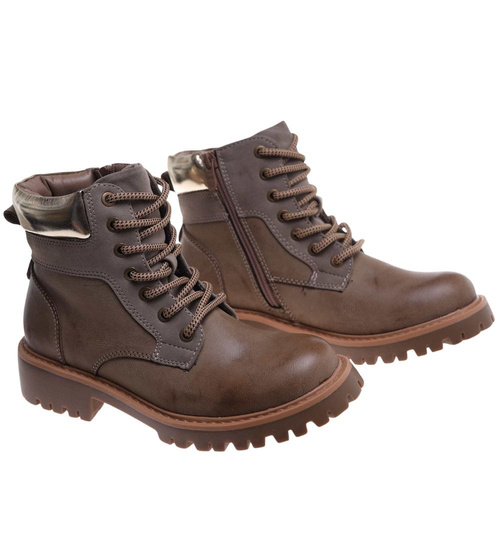 Sznurowane ocieplane botki trapery Khaki /F9-2 18277 W432/