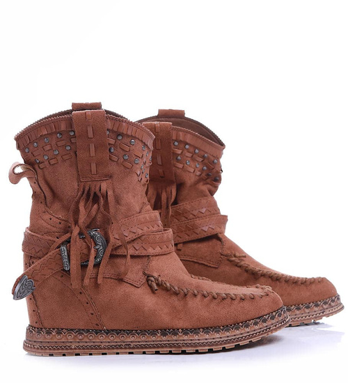 Brązowe botki boho na koturnie /C3-3 17079 G122/