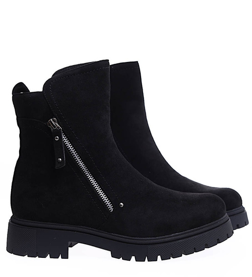 Zimowe zamszowe czarne botki na klocku /E5-1 15378 T533/