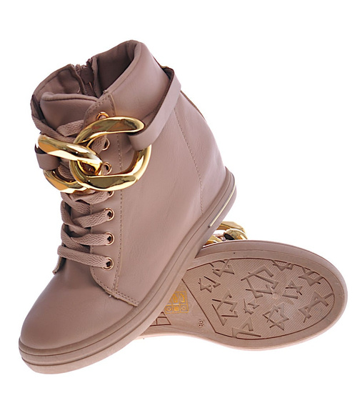 Beżowe sneakersy damskie na koturnie /F7-2 12802 T891/