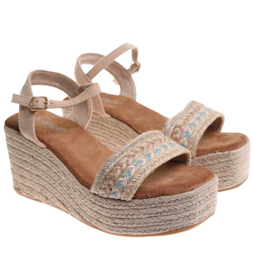 Beżowe sandały damskie na koturnie i platformie /C3-3 17931 G2/