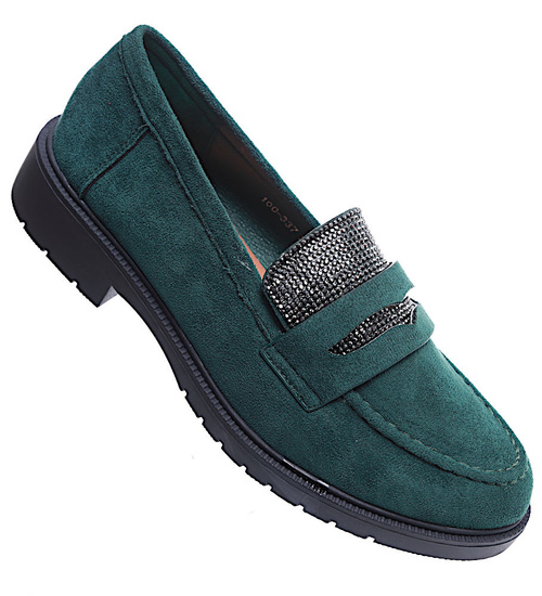 Zielone zamszowe półbuty loafersy na niskim obcasie /D9-2 15484 T386/