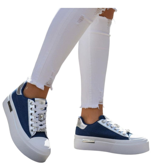 Materiałowe trampki na platformie granatowe /J5-3 18490 W17/