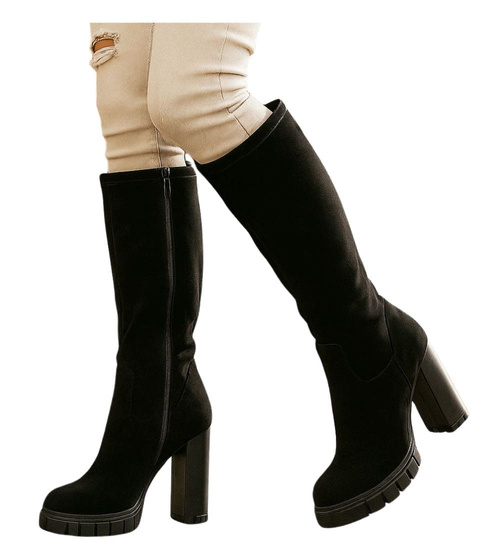 Czarne kozaki damskie na obcasie i platformie /A3-2 18433 T6/