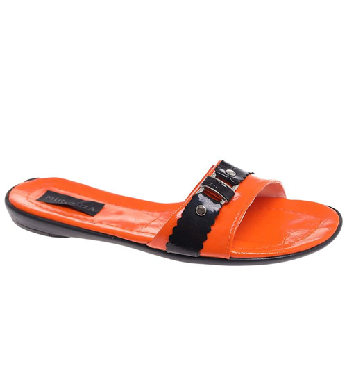 Pomarańczowo czarne klapki na płaskim obcasie /H2 14342 T005/