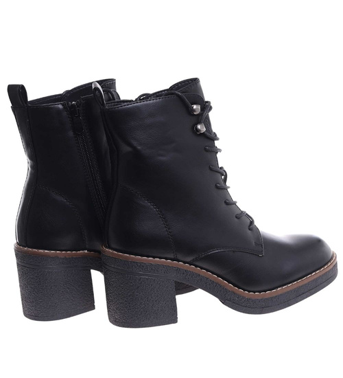 Sznurowane botki workery na obcasie Czarne /i6-3 h2 18406 W385/