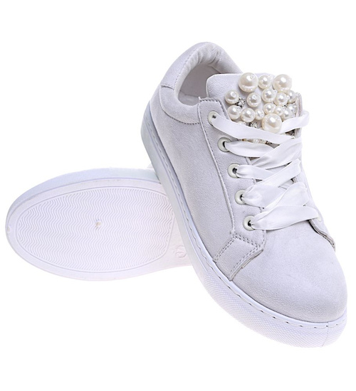 Sznurowane szare trampki damskie z perełkami /F6-3 15952 T185/