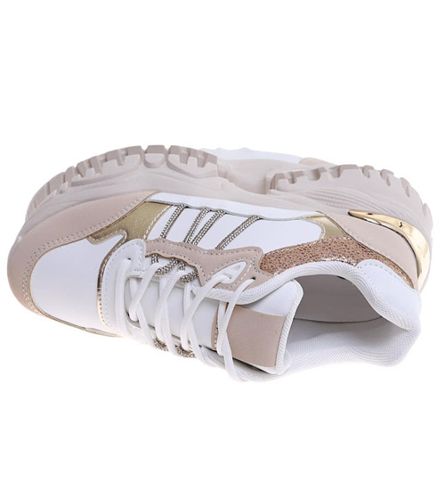 Sznurowane biało beżowe buty sportowe na platformie /G8-2 16805 T683/