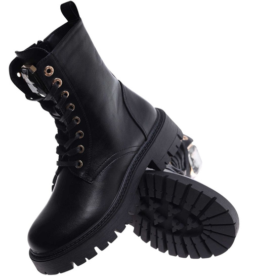 Czarne trapery damskie z kamieniem /F2-3 18274 W484/