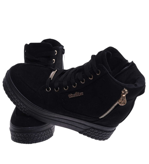 Czarne zamszowe sneakersy na koturnie i platformie /G3-3 15506 T634/