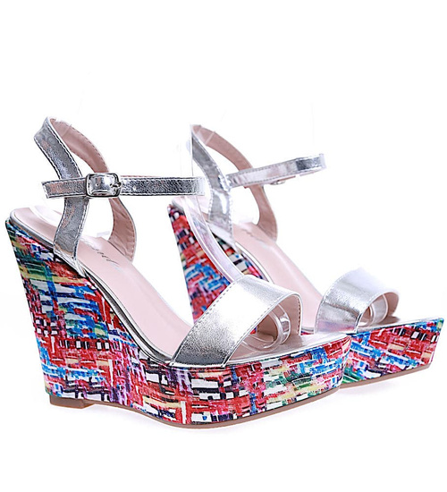 Srebrne sandały damskie na koturnie i platformie /F5-1 15687 T182/