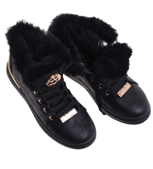 Czarne zimowe trampki z kożuszkiem /E9-1 18429 T411/