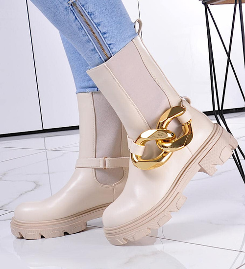 Beżowe botki sztyblety z łańcuchem /A3-3 12254 S798/