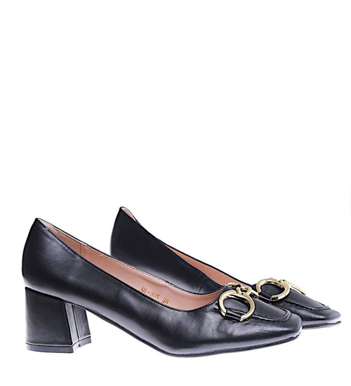 Kobiece czarne czółenka damskie na klocku /G1-3 15250 T293/