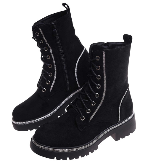 Czarne botki trapery z cyrkoniami /F9-3 18183 T432/