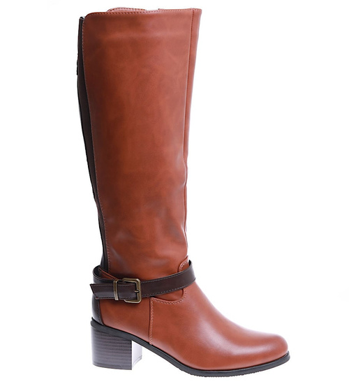 Karmelowe kozaki damskie na obcasie klocku /G6-1 15421 T430/