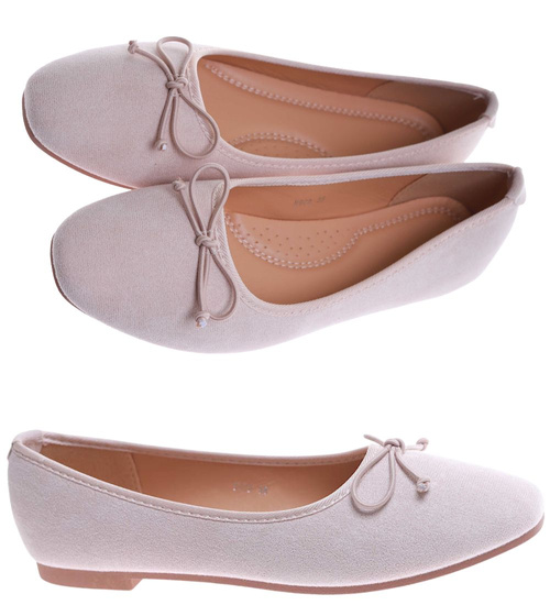 Zamszowe baleriny damskie z kokardą Jasno beżowe /D1-2 17545 G133/