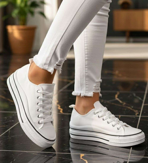 Białe materiałowe trampki na platformie /F6-2 14365 S294/