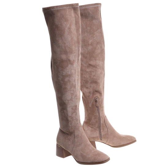 Beżowe kozaki muszkieterki na obcasie /D8-2 18256 W488/