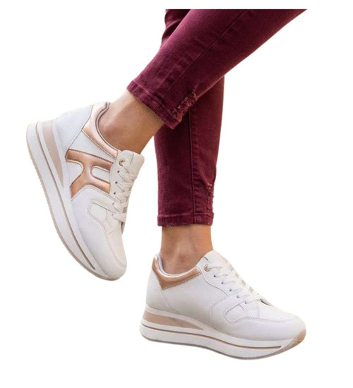 Białe damskie buty sportowe sneakersy na koturnie /B5-2 14773 T383/