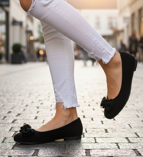 Czarne baleriny damskie zamszowe z kokardą /H2 18488 W6/