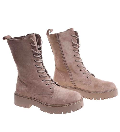 Beżowe wiązane botki workery zamszowe /J4-2 h2 18413 W388/