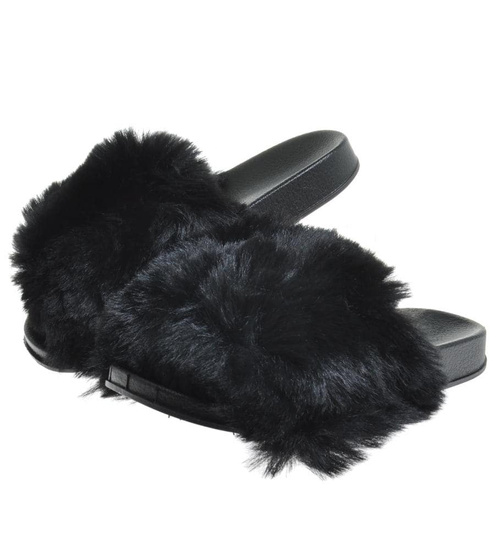 Klapki z futerkiem dziewczęce Czarne /D8-1 10096 S291/