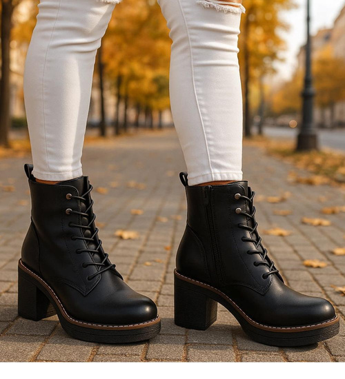 Sznurowane botki workery na obcasie Czarne /i6-3 h2 18406 W385/