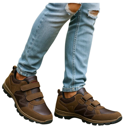 Brązowe męskie buty sportowe na rzepy /A4-3 18196 T388/