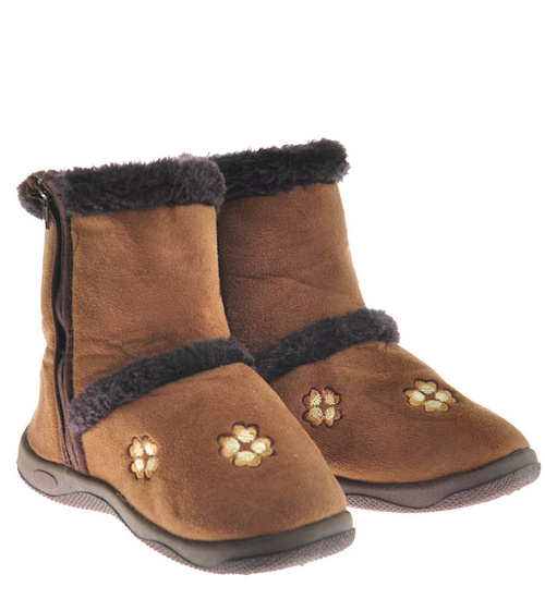 Brązowe kapcie na suwak z futerkiem /E5-1 10276 S095/